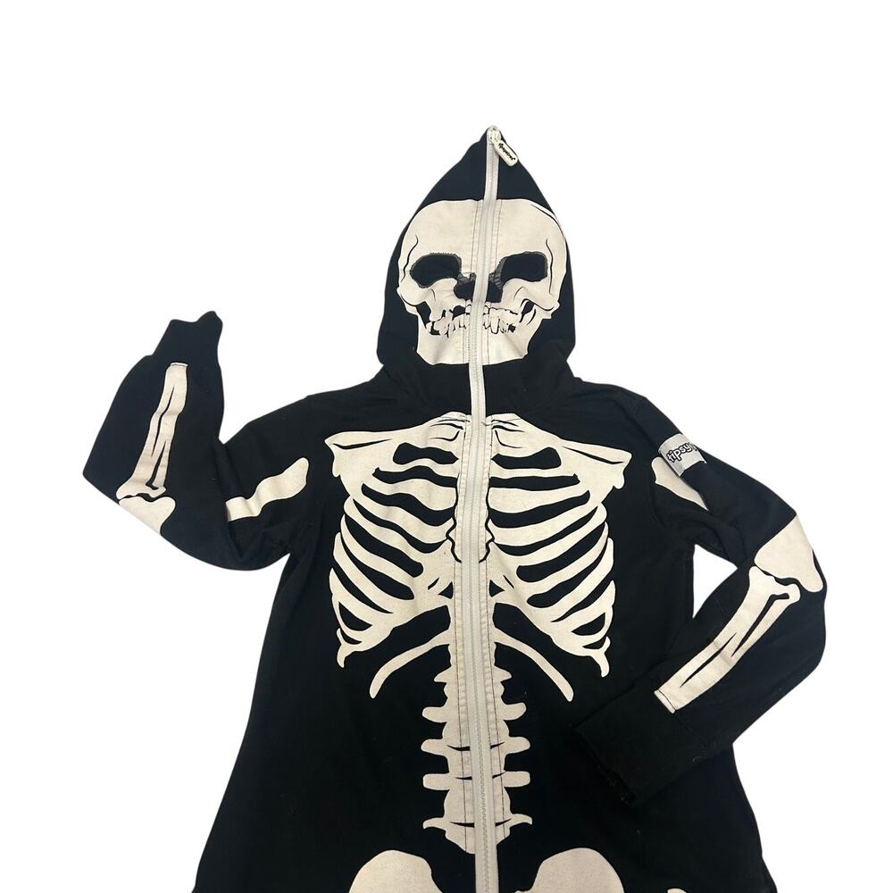 Tipsey Elves skeleton Costume jumpsuit ful zip matching hood with skull face